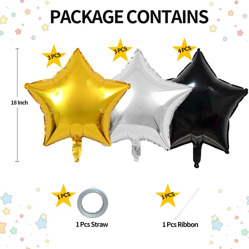 KALOR Black Gold and Silver Star Foil Balloons, 10 Pcs 18 Inch Stars Shape Foil Mylar Balloons for Birthdays, Weddings, Baby Showers Graduation Decorations - Image 2